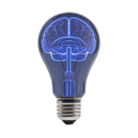 Light bulb with glowing brain inside symbolizes creativity and innovation, blending technology and human intelligence in conceptual design png