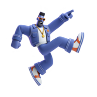3D animated character in dynamic pose, wearing blue denim outfit, orange sunglasses, and sneakers, exudes energy and style. character confident expression adds to lively scene png