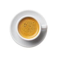 Steaming cup of espresso sits in white ceramic cup on matching saucer, viewed from above. rich, golden crema on top adds touch of warmth and invites comforting experience png