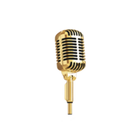 Vintage style golden microphone stands elegantly against plain background, evoking sense of nostalgia and classic charm. shiny metallic finish adds touch of luxury and sophistication png