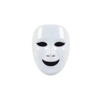 White, glossy mask with smiling expression is centered against transparency background, creating mysterious and theatrical atmosphere png