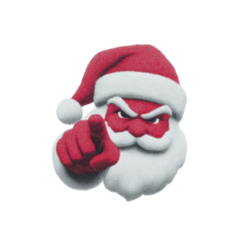 Santa Claus with serious expression points forward, wearing classic red hat and white beard. image conveys sense of urgency or command, set against plain background png