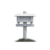 Rustic wooden birdhouse stands on post, surrounded by grass, evoking sense of tranquility and nature. simple design and weathered texture add charm to outdoor setting png