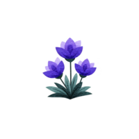Digital illustration of three vibrant purple flowers with layered petals and green leaves, set against transparent background. design is simple and elegant, perfect for decorative purposes png