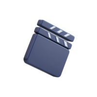 3D illustration of blue clapperboard icon, often used in filmmaking, floating against plain background. clapperboard is depicted in minimalist style, emphasizing its sleek design png