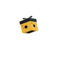 Cute, yellow, cube shaped character with black spots and small propeller on top, floating in mid air. design is simple and playful, evoking sense of fun and whimsy png