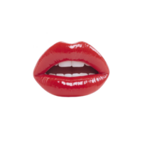Glossy red lips with shiny finish, showcasing bold and vibrant appearance. lips are slightly parted, revealing white teeth, creating striking and glamorous look png
