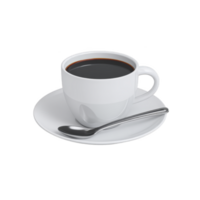 White ceramic cup filled with black coffee sits on matching saucer, accompanied by shiny metal spoon, creating simple and elegant setting png