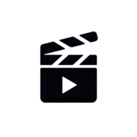 Black film clapperboard icon with play button symbolizes production and media. simple design is ideal for representing filmmaking, cinema, or digital content creation png