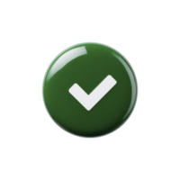 Glossy green button with white check mark symbolizing approval or confirmation. button has shiny surface, reflecting light, and is isolated on transparency background png