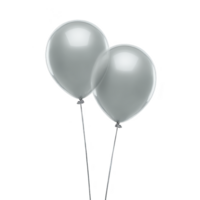 Two shiny silver balloons float against plain background, creating festive and elegant atmosphere. balloons are tied with strings, adding touch of celebration and joy png