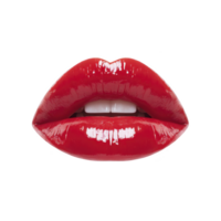 Glossy red lips with shiny finish, showcasing bold and vibrant look. lips are slightly parted, revealing white teeth, creating striking and glamorous appearance png