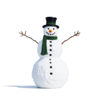 Cheerful snowman with black top hat and green scarf stands with twig arms outstretched, featuring coal buttons and carrot nose, casting shadow on ground png