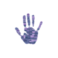 Digital illustration of handprint composed of purple and blue rectangular blocks, creating mosaic effect. design is set against transparent background, emphasizing abstract and creative style png