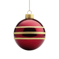 Shiny red Christmas ornament with gold glitter stripes hangs elegantly, reflecting light and adding festive cheer. smooth surface and vibrant colors make it perfect holiday decoration png