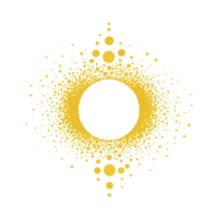Vibrant abstract design features central black circle surrounded by burst of yellow dots, creating dynamic and energetic pattern. composition evokes sense of movement and radiance png