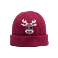 Cozy red knit beanie featuring cute reindeer design on front, perfect for winter warmth and festive cheer. beanie soft texture and playful pattern make it stylish accessory png
