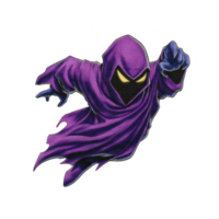 Mysterious hooded figure in flowing purple cloak with glowing yellow eyes and dynamic pose, suggesting movement and stealth. character exudes aura of mystery and intrigue png
