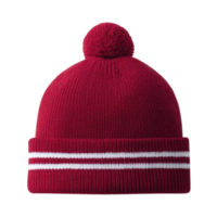 Cozy red knit beanie with pom pom and white stripes, perfect for winter warmth and style. hat vibrant color and classic design make it versatile accessory png