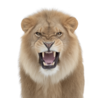 Fierce lion with majestic mane roars, displaying its sharp teeth and powerful presence. close up captures intensity and strength of wild animal png