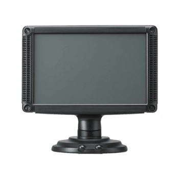Black, rectangular monitor with sturdy stand is displayed against plain background. screen is blank, and frame has textured design, giving it modern and sleek appearance png