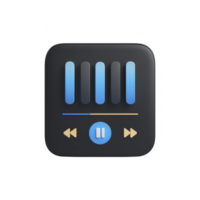 Sleek, modern music player icon with transparency background features blue equalizer bars and central play button, conveying sense of digital audio technology png