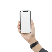 Hand holding smartphone with blank screen, isolated on transparency background. person is wearing black watch, and phone is held vertically png