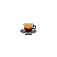 Small espresso cup filled with rich, dark coffee sits on matching saucer, showcasing perfect crema on top. minimalist design highlights simplicity and elegance of classic espresso shot png