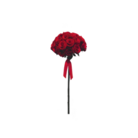 Bouquet of vibrant red roses is elegantly arranged with long black stem and red ribbon, creating striking and romantic floral display png