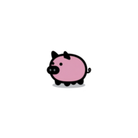Cute, cartoon style pink pig with black ears and hooves stands on transparency background, showcasing simple and playful design png