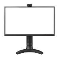 Sleek black computer monitor with built in webcam sits on sturdy stand, ready for conferencing or gaming. minimalist design complements modern workspaces png