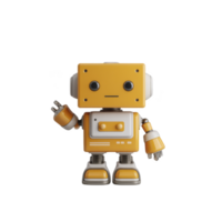 Cute yellow robot with boxy head and mechanical arms stands on transparency background, waving cheerfully. Its design is simple and friendly, featuring retro style with visible joints and bolts png