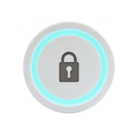 Glowing circular icon features lock symbol in center, representing security and protection. icon is illuminated with soft blue light, creating modern and digital feel png