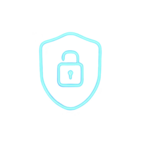 Glowing blue neon shield with open padlock symbolizes security and protection. design is simple and modern, conveying sense of safety and accessibility png