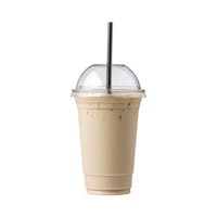 Plastic cup filled with iced coffee, featuring clear dome lid and black straw, isolated on transparency background. drink appears refreshing and ready to enjoy png