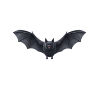 Black bat with outstretched wings flies against transparent background, showcasing its detailed features and sharp fangs. image captures bat in mid flight, emphasizing its nocturnal nature png