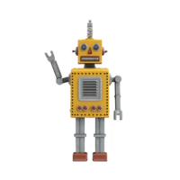 Vintage toy robot with yellow body and mechanical limbs stands waving, showcasing retro design with cheerful expression. Its metallic features and bright colors evoke nostalgia png