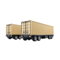 Two large cargo trucks with beige containers are parked side by side, showcasing their rear views. trucks are designed for transporting goods, emphasizing logistics and transportation efficiency png