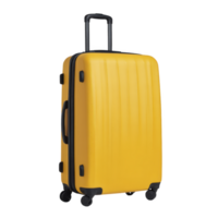 Bright yellow suitcase with hard shell and four wheels is shown, ideal for travel. suitcase features retractable handle and side handles for easy carrying png