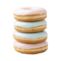 Four pastel colored glazed donuts are stacked tower, featuring soft pink and blue icing. donuts are arranged neatly, showcasing smooth and glossy finish, creating visually appealing and sweet png