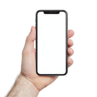 Hand holding modern smartphone with blank white screen, isolated on transparency background. image focuses on device. showcasing its sleek design and large display png