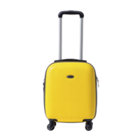 Bright yellow suitcase with hard shell and four wheels is shown, featuring telescopic handle for easy maneuverability. suitcase is designed for travel convenience png