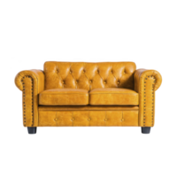 Stylish yellow leather loveseat with tufted design and nailhead trim, perfect for adding touch of elegance to any living room. classic style and vibrant color create cozy atmosphere png