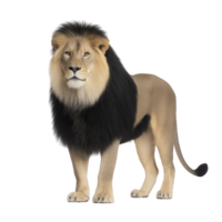 Majestic lion stands proudly, showcasing its powerful build and regal mane. lion intense gaze and strong posture convey sense of strength and authority png