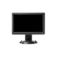 Black computer monitor with blank screen is displayed against transparency background. monitor is mounted on flexible stand, allowing for adjustable viewing angles png