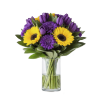 Vibrant bouquet of yellow sunflowers, purple tulips, and chrysanthemums arranged in clear glass vase, creating cheerful and elegant floral display png