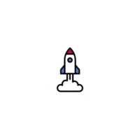 Simple rocket icon with red tip and blue fins launches upward, leaving trail of smoke. minimalist design conveys sense of adventure and innovation png