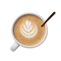White cup of cappuccino with beautiful latte art design on top, featuring leaf pattern, is accompanied by spoon. coffee creamy texture and artistic presentation create warm and inviting feel png