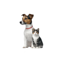 Small dog with red collar sits next to black and white kitten, both looking forward against plain background. scene is calm and endearing png