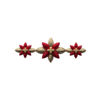Decorative floral ornament featuring three red and gold flowers with intricate leaf details, set against transparency background. design is symmetrical and elegant, ideal for festive or ornamental png